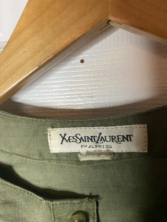 Yves Saint Laurent Olive Green Short-Sleeve Embroidered Shirt with Navy Detail - Picture 2 of 7
